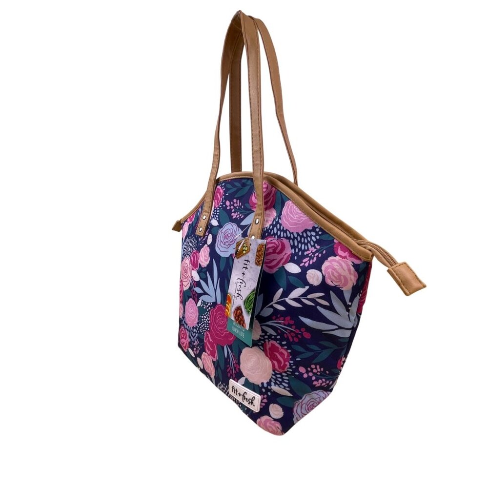 Fit + Fresh Women’s Navy Blue Floral Insulated Lunch Tote With Dual Tan Handles - Picture 4 of 11